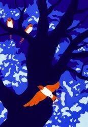 Oransje fugler, blått tre