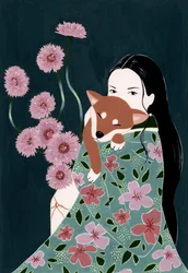 Kvinne som holder en Shiba Inu