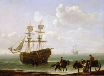 En murstein som ble hengt fast på stranden, losset på vogner. Olje på lerret, ca. 1790, av Julius Cæsar Ibbetson (1759–1817).