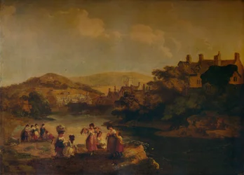 Kvinner som vasker klær i en walisisk strøm, 1790