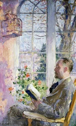 «På verandaen» En mann leser en bok, et bur med en fugl hengende. Maleri av Julius Gari Melchers (1860–1932)