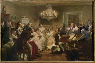 Schubert ved pianoet under en Schubert-kveld i en salong i Wien … (oljemaleri)