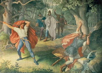 Hagen drepte Siegfried ved fontenen, Hall of Nibelungens