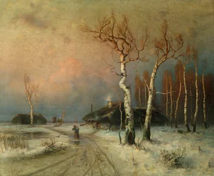 En landsby i et skogkledd vinterlandskap (olje)