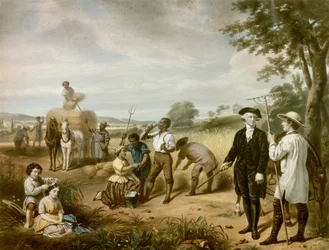 Bonden Washington: George Washington (1732-1799) på markene til Mont Vernon, plantasjen hans i jarlen av Fairfax, Virginia. I nedre venstre hjørne er representert hennes to stebarn, John og Martha Parke Custis. Litografi