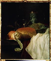 Frukt, brød og vin (Fruit, bread and wine). Maleri av Jurlaen van Streeck (1632-1687). Olje på tre, 53 x 45 cm