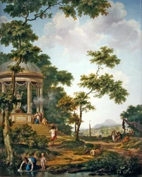 Arkadisk landskap med et tempel (olje på tøy)