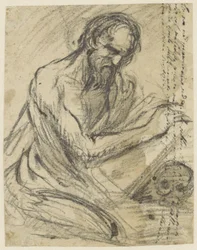 H. Hieronymus, skriver i en bok han holder over en hodeskalle
