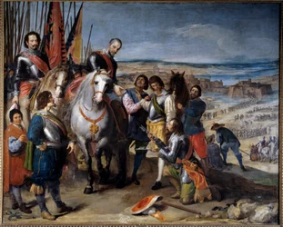Tretti års krig (1618-1648). Den nederlandske guvernøren overleverte nøklene til markisen av Balbases, Ambrosio de Spinola (1569-1630), som grep Juliers i 1622. Maleri av Jusepe Leonardo (1601-1656)