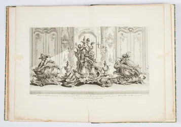 Prosjekt for en sølvskulptur av et stort bord midtstykke og de to terrinene...Utført for Millord Kinston (sic) i 1735 (Design for midtpunkt og to terriner for hertugen av Kingston i 1735) plate 115 i Work of Just- Aurele Meissonnier