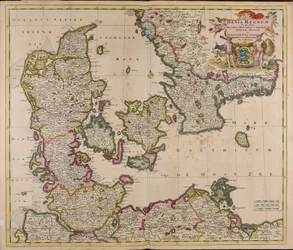 Kongeriket Danmark: hvor hertugdømmene Holstein og Slesvig, de danske øyene og provinsene Jylland, Skåne, Blekinge og Halland ligger.