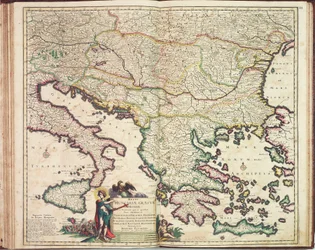 Justus Danckers#39; atlas: Ungarn og Hellas, ca. 1688 (farget gravering)