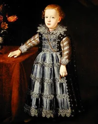 Portrett av et barn som står ved et bord (olje på panel)