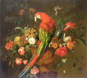 Scarlet ara plassert på en skulpturert urne med blomster (olje på lerret)