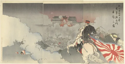 De allierte styrkene angriper Beijing; de japanske troppene foran porten til Chaoyang. Rengogun Pekin Hogebi Nichi-pistol Ehoyomon senryo no zu (tittel på objekt)
