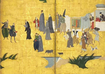 Detalj av Southern Barbarians Come to Trade, et par skjermer med seks paneler, tidlig på 1600-tallet