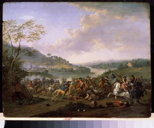 ""En militær trefning"" (Cavalry Skirmish) Kavaleri som kjemper under et slag. Maleri av Karel Breydel (1678-1733) State Museum Arkhangelskoye Estate, Moskva