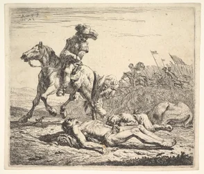 Slagmark med rytter som ser over venstre skulder mot avkledd lik på gro..., 1652.