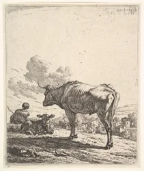 Kohyr med ku og kalv i en åsside, kuhyrden sett bakfra og sittende i ..., 1658.