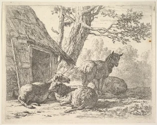 Fire sauer, en sau står blant tre andre som ligger på bakken ved siden av et skur med th..., 1658.