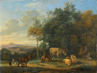 Landskap med to esler, geiter og griser Landskap med to esler, geiter og griser