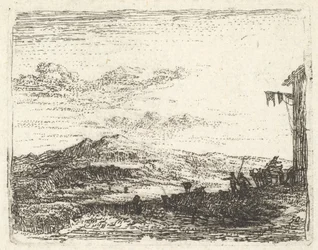 Landskap med hjørne av bygning og markise helt til høyre, to figurer og en hest-..., ca. 1641-78.