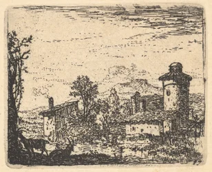 Landskap med to hornede geiter i skygge i venstre forgrunn, landsbybygninger bortenfor, ca. 1641-78.