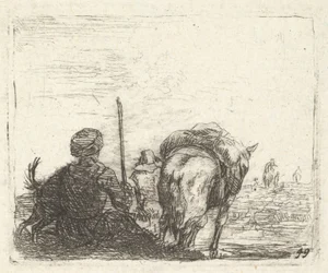 Pakkehest, sittende mann med stav i høyre hånd og hund, alt sett bakfra..., ca. 1641-78.