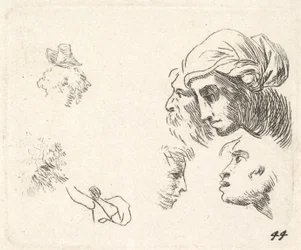 Studie av hoder i profilvisning, en kvinne med hodekledning og skjeggete mann hvis hoder ..., ca. 1641-78.