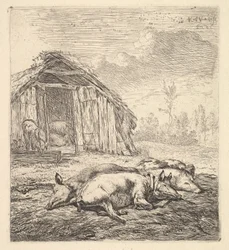 Tre griser som ligger på siden, en grisesti og trau bortenfor, 1652.