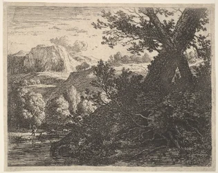 Tre med røtter blottlagt langs en bekk, et kupert landskap og en mann som gikk bak q..., 1659.