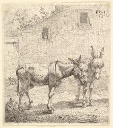 To esler som står i en gresskledd hage, en i profilbildet vendt mot høyre og en annen bak..., 1652.