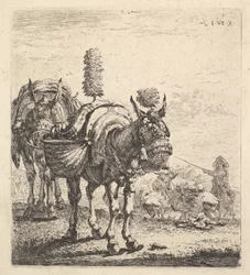 To muldyr med bærevesker og utstyrt med skylapper, skygger og dusker, en mu..., ca. 1641-78.