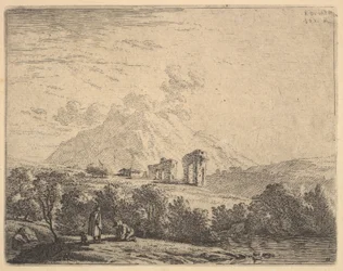 Utsikt over åssiden med ruiner, en akvedukt og en fjellknaus bortenfor, i forgrunnen en m..., 1658.