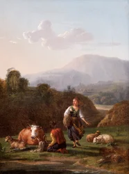 The River Bank: Landscape with Figures and Cattle (olje på lerret)