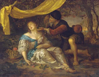 En gjeter som kneler over en dame som sover under en baldakin i et skogkledd landskap