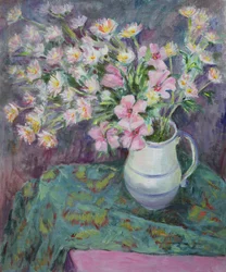 Rosa blomster i en kanne