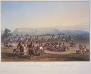 Encampment of the Piekann Indians, gravert av Beyer und Hurliman, utgitt i 1839 (akvatint)
