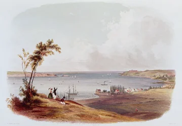Inngang til Bay of New York, Staten Island, gravert av Salathe (farge litho)