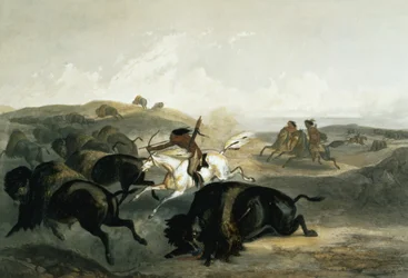 Indianere på bisonjakt, plansje 31 fra bind 2 av «Reiser i det indre av Nord-Amerika», gravert av Carl Vogel (1816-51), 1844