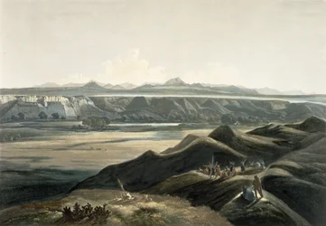 Utsikt over Rocky Mountains, plate 44 fra bind 2 av 'Reiser i det indre av Nord-Amerika', gravert av Sigismond Himely (1801-72) 1844 (akvatint)