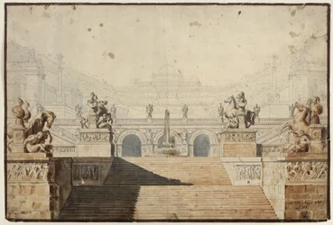 Armida. Opera av Christoph Willibald Gluck. Utkast til 1. dekorasjon. Slott med trappeanlegg