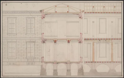 Berlin. Akademibygningen Unter den Linden. Delvis fasadeoppriss, detalj av delvis lengdesnitt og tverrsnitt