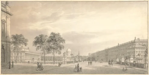 Berlin, Unter den Linden. Utsikt over Lustgarten med Schlossbrücke, Altes Museum, domkirken og slottet