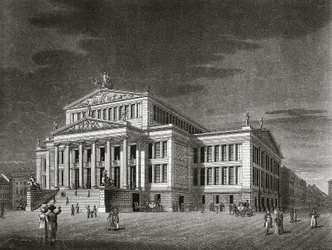Tyskland, Berlin, Utsikt over Schauspielhaus (konsertsal), gravering av Karl Friedrich Schinkels (1781-1841)