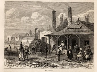 En sukkerfabrikk fra Riviere du Rempart, i Mauritius, tegning av Karl Girardet (1813-1871), for å illustrere Alfred Verneys opphold på Mauritius i 1861. Gravering i “” Le tour du monde””, redigert av Edouard Charton
