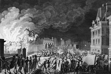 Første av den franske revolusjonen: Brann av vaktkorpset på Pont Neuf i Paris 29. august 1788. Tegning og gravering av Girardet. Paris, bibliotek ved Institutt for revolusjonshistorie