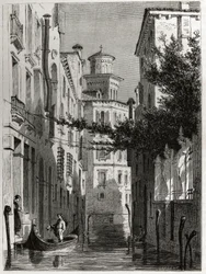 Palasset til Bianca Cappello i Venezia, Venezia. tegning av Karl Girardet (1813-1871), for å illustrere Adalbert de Beaumonts reise til Venezia, rundt 1850. Gravering i «» Le tour du monde», redigert av Edouard Charton
