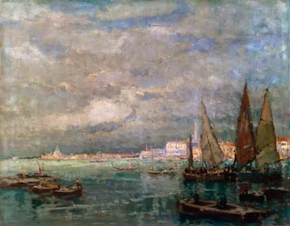 Landskap med båter, slutten av 1800- eller begynnelsen av 1900-tallet.