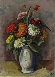 Stilleben med en bukett zinnier i en vase
